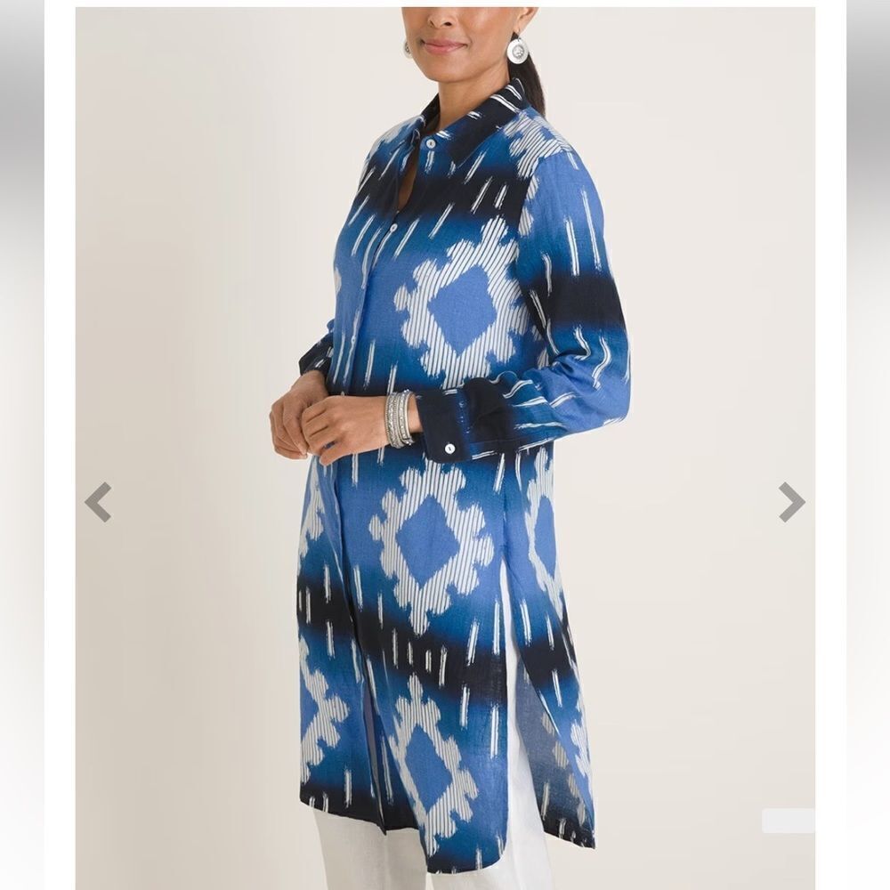 Chico’s Chicos Blue/White Linen Super Ikat Tunic,… - image 1